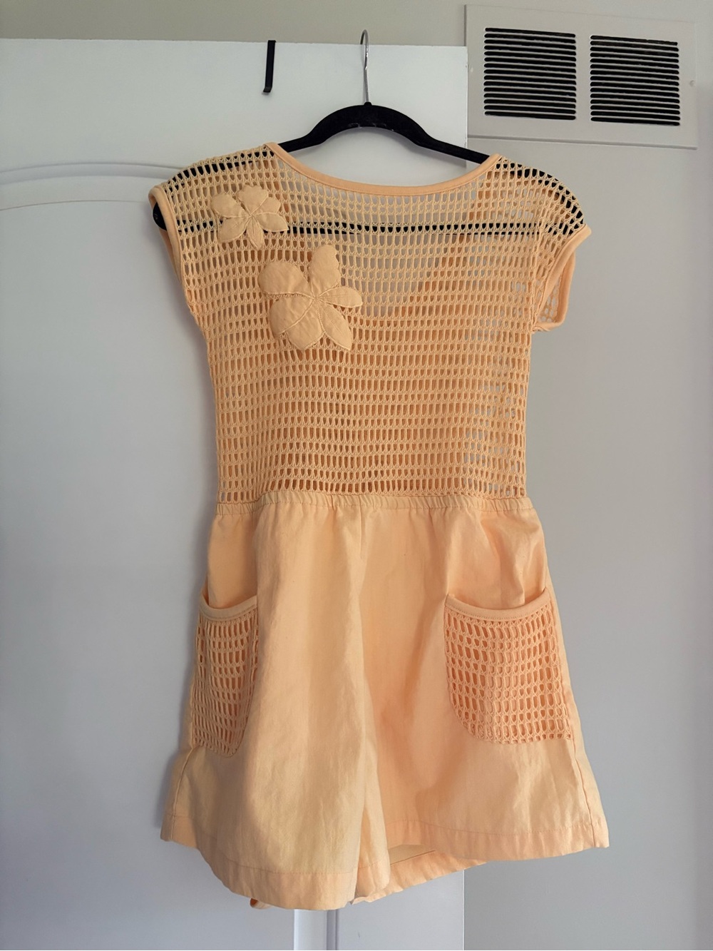Vintage Yellow MR. NOAH Crochet-Front Romper with Pockets